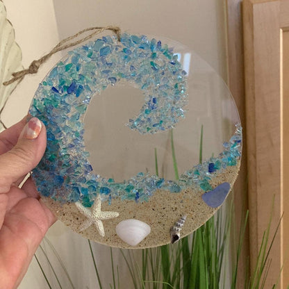 Ocean Wave Sun Catcher - Beach Decor with Sea Glass Design