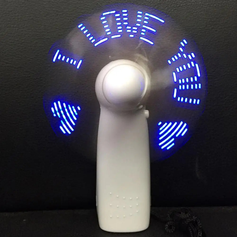 LED Handheld Fan with USB – Rechargeable Mini Desk Fan with Flashing Text