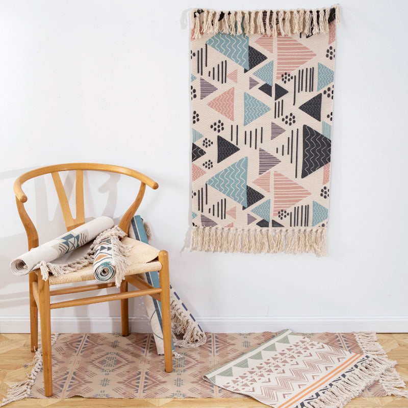 Geometric Print Bedroom Rug in Multicolor – Machine Washable with Tassels
