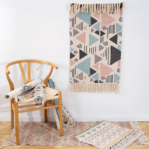 Geometric Print Bedroom Rug in Multicolor – Machine Washable with Tassels