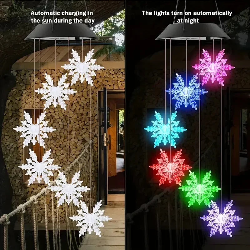 Solar-Powered Wind Chime with LED Snowflakes – Waterproof Hanging Light for Garden, Balcony & Patio