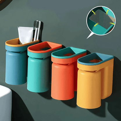 Wall-Mounted Toothbrush Holder with Dual Cups | No-Drill Installation | Removable Cups | Space-Saving Bathroom Organizer