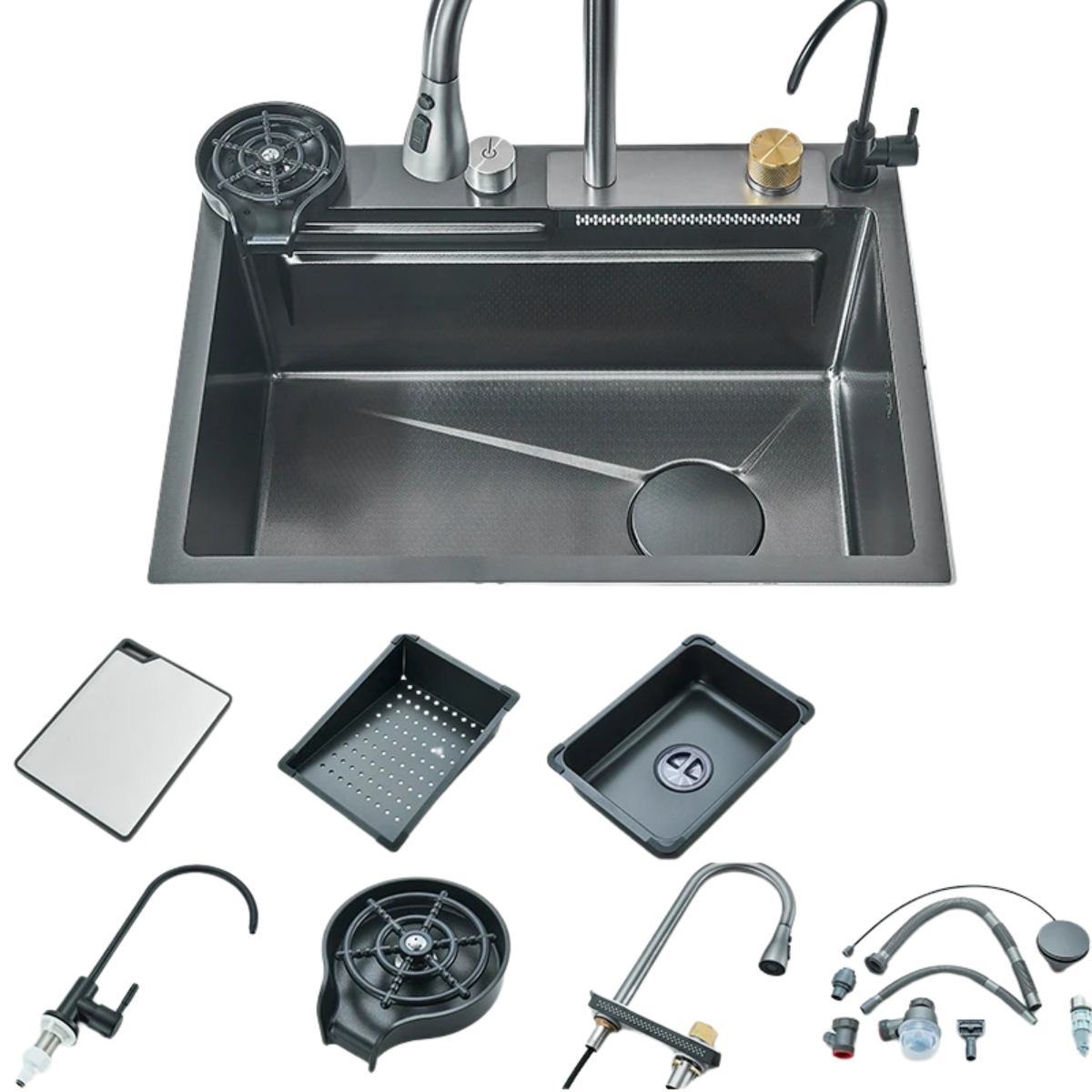 Single Bowl Stainless Steel Kitchen Sink with Built-in Faucet and Soap Dispenser