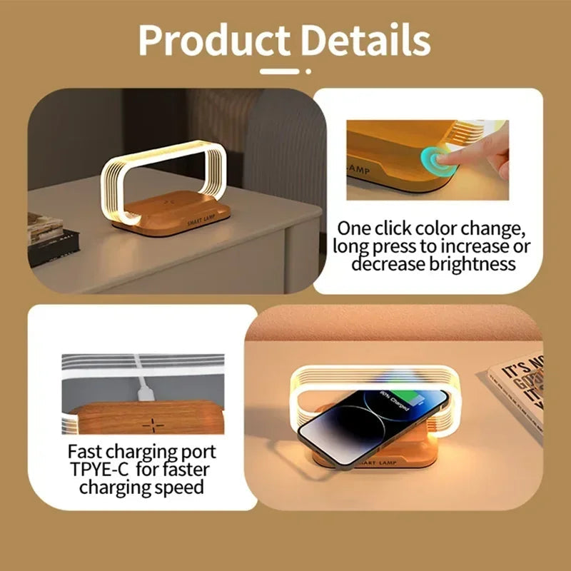 LED Desk Lamp with Wireless Charging and Touch Control – Dimmable, Wood Finish