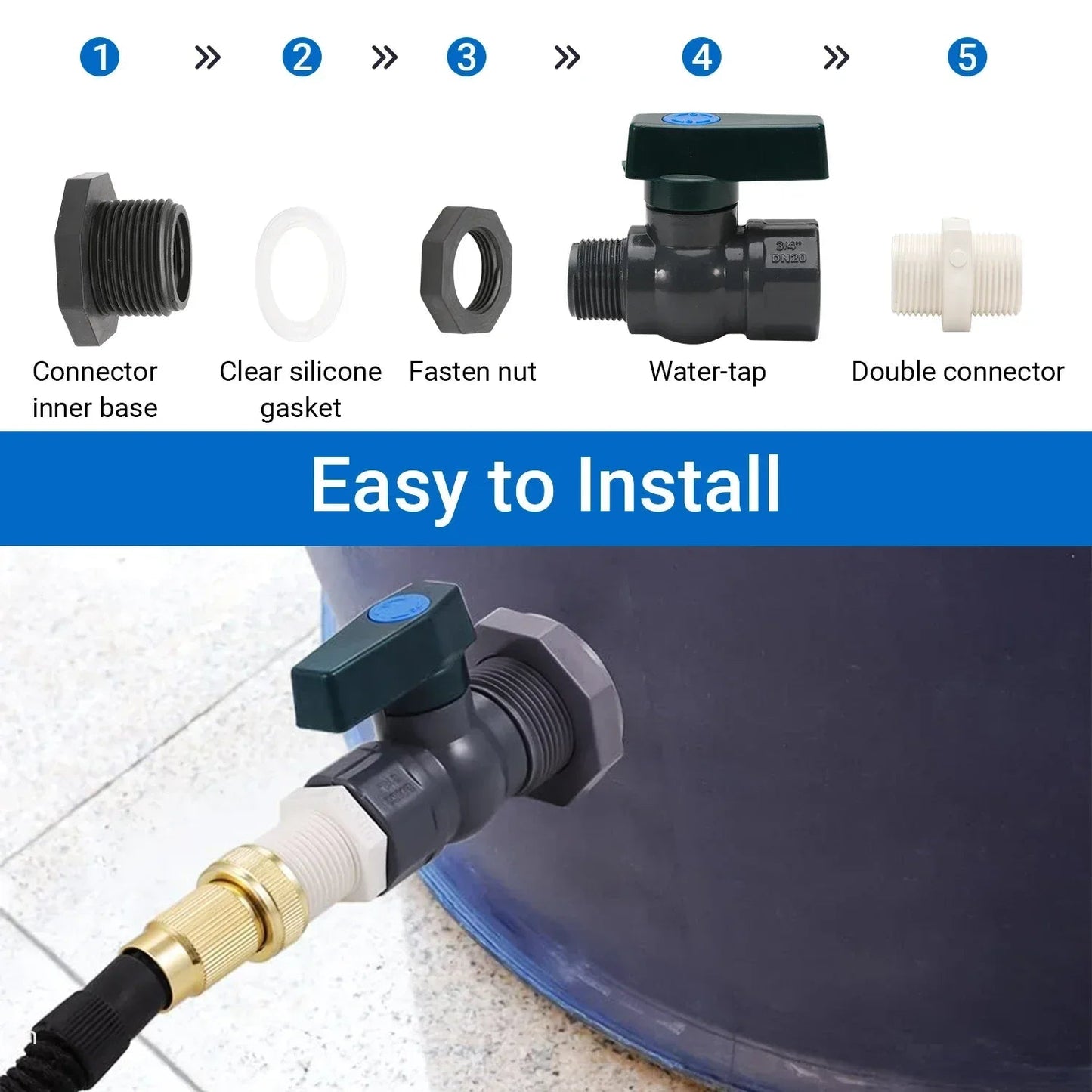 Rain Barrel Faucet Set | 3/4 Inch PVC Spigot | Barrel Connector Adapter | Seal Kit for Rain Barrels