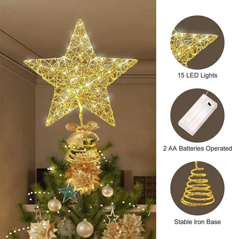 Christmas Star Tree Topper | Battery Operated LED Lights | Warm White | Metal Wire Frame