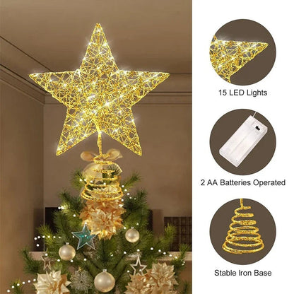 Christmas Star Tree Topper | Battery Operated LED Lights | Warm White | Metal Wire Frame