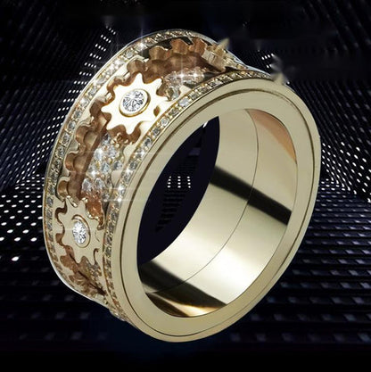 CalmSphere Rotating Gear Ring | Adjustable Fit | Hypoallergenic Stainless Steel | Silent Spinning for Focus | Silver/Black