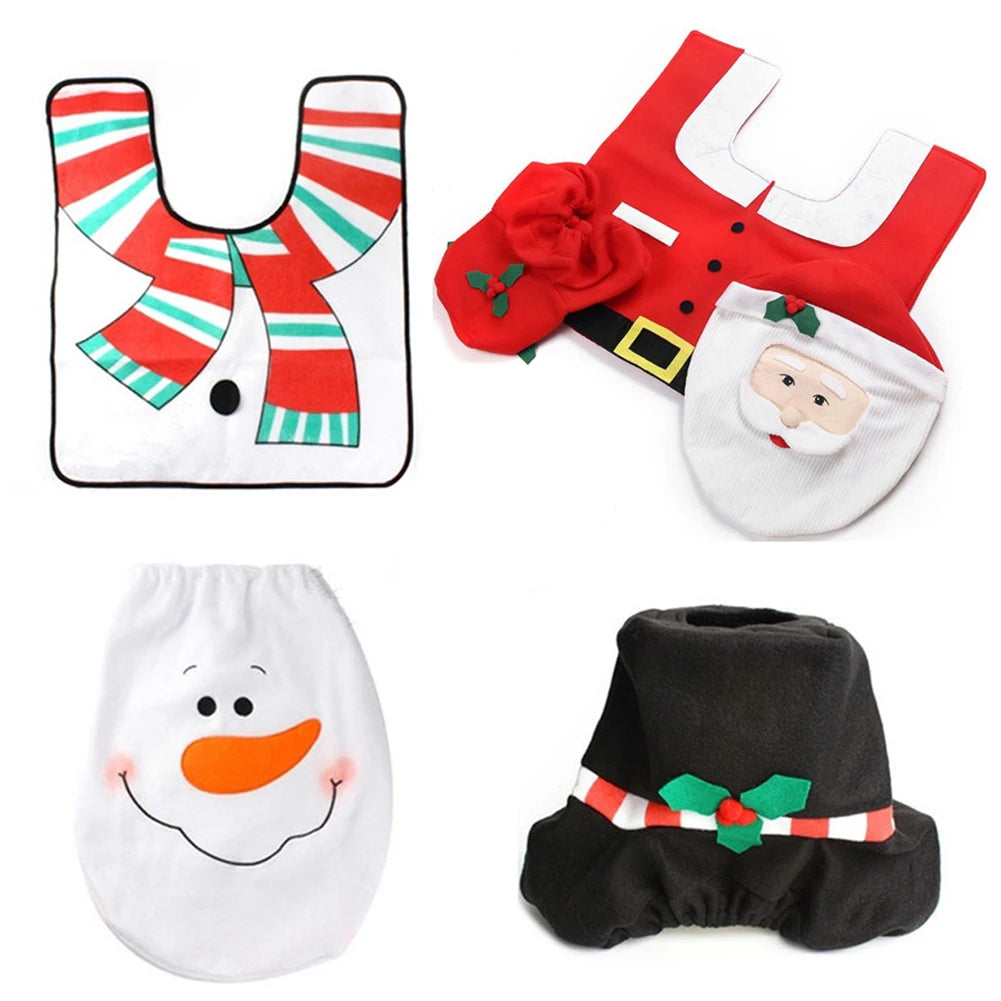 Christmas Toilet Set - 3-Piece Design with Santa - Fun Bathroom Decor with Mat & Tank Cover - Holiday Decoration 2024
