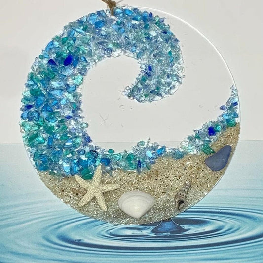 Ocean Wave Sun Catcher - Beach Decor with Sea Glass Design