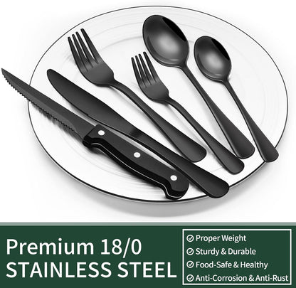 24-Piece Black Stainless Steel Cutlery Set – Dishwasher Safe