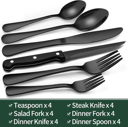 24-Piece Black Stainless Steel Cutlery Set – Dishwasher Safe