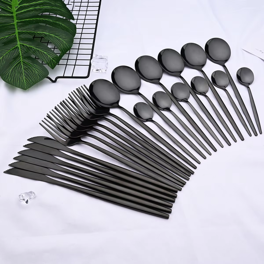 24-Piece Black Stainless Steel Cutlery Set – Dishwasher Safe
