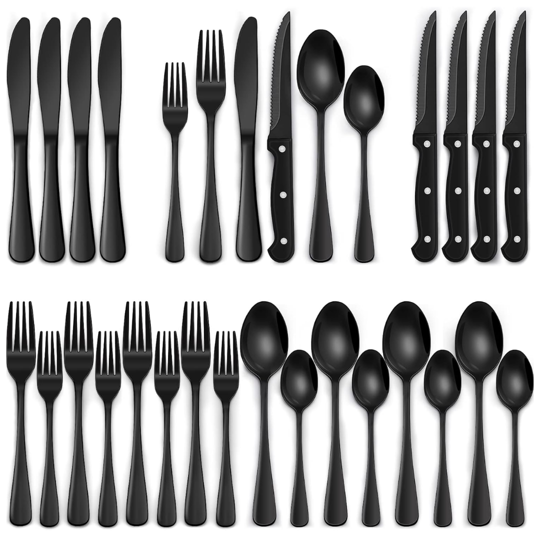 24-Piece Black Stainless Steel Cutlery Set – Dishwasher Safe