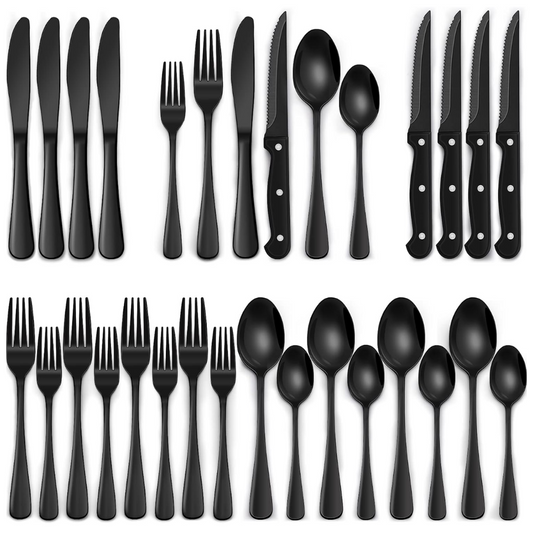 24-Piece Black Stainless Steel Cutlery Set – Dishwasher Safe
