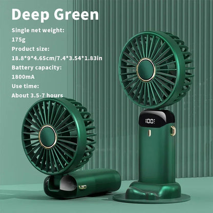 Compact Fan with 5 Speed Settings | 3000 mAh Rechargeable Battery | Foldable Design with LED Display
