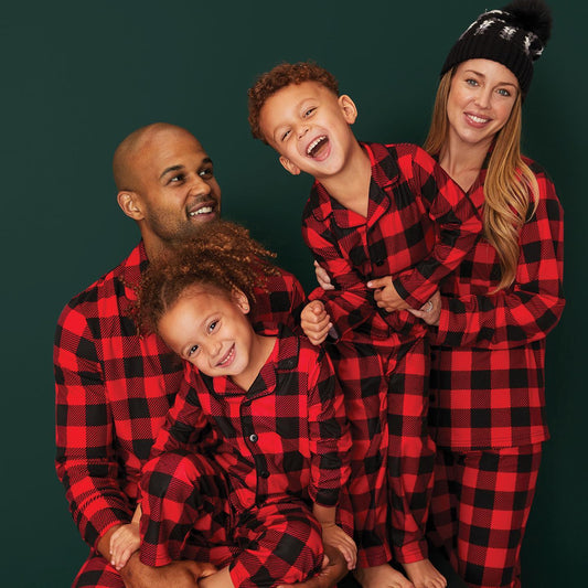 Red Checkered Family Matching Christmas Pajamas with Stand-Up Collar