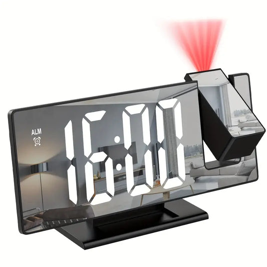 180° Adjustable LED Projection Clock – Snooze, 12/24H Time & Temp Display, Mirror Design – USB Powered, Night Mode & Memory Function