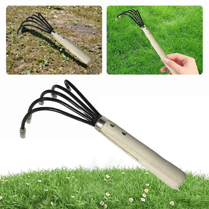Garden Cultivator and Mini Hoe with 5 Tines | Carbon Steel | Wooden Handle | 38 × 21 × 8.5 cm