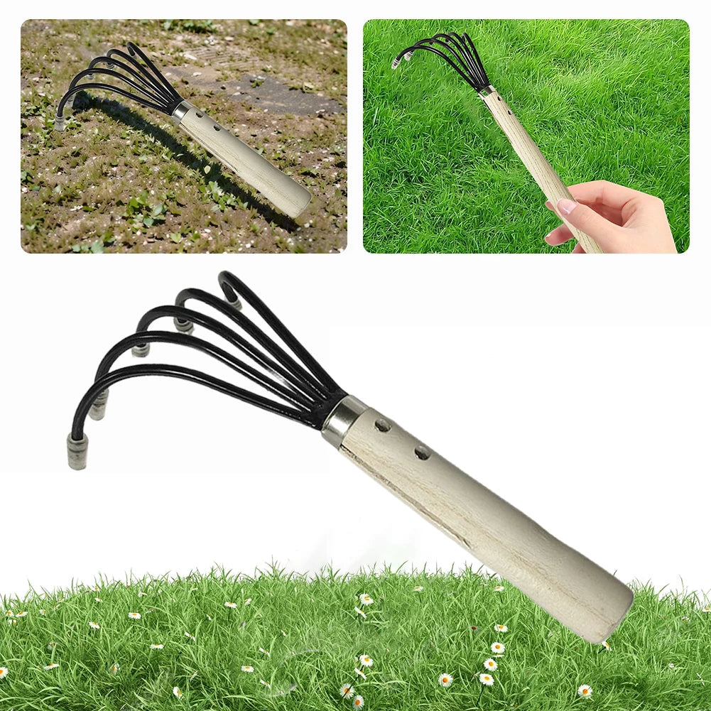 Mini Garden Cultivator and Hand Rake with 5 Tines | Carbon Steel | Wooden Handle | 38 x 21 x 8.5 cm