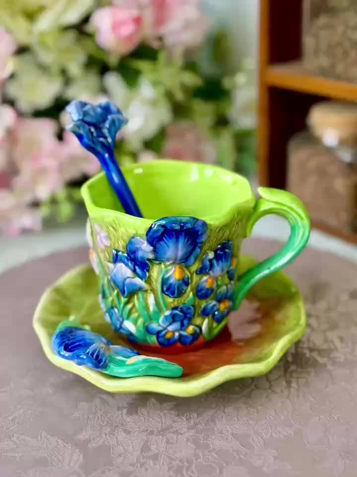 Ceramic Cup and Saucer Set – Hand-painted 3D Van Gogh Inspired Art
