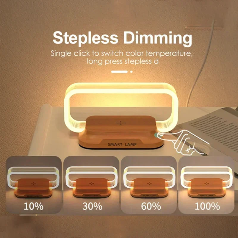 LED Desk Lamp with Wireless Charging and Touch Control – Dimmable, Wood Finish