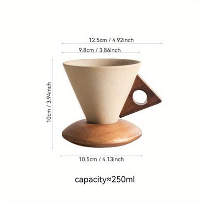 Ceramic Coffee Mug 250ml – Handmade with Wooden Handle and Coaster
