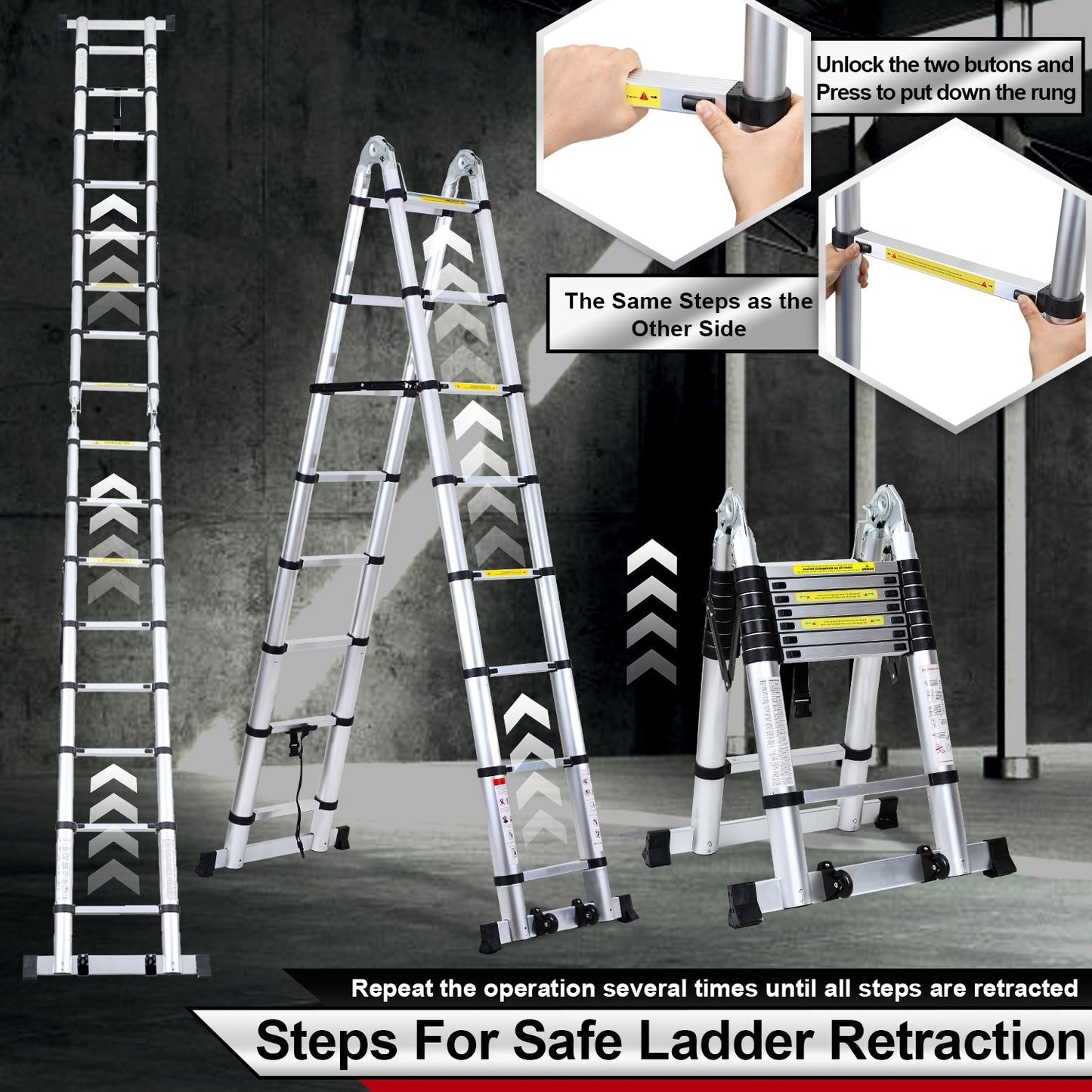 Folding Telescopic Ladder 5M with Wheels and Triangle Stabilizer