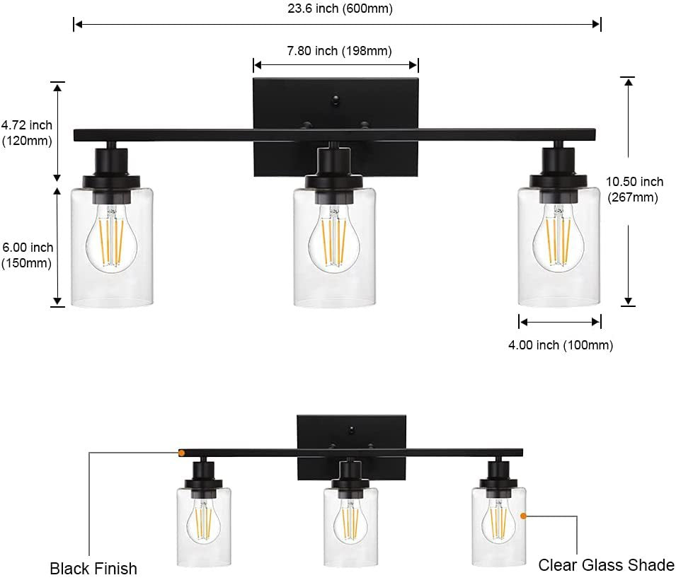 Retro Industrial Style Glass Vanity Light Fixture - 3-Light Cylinder Wall Sconce