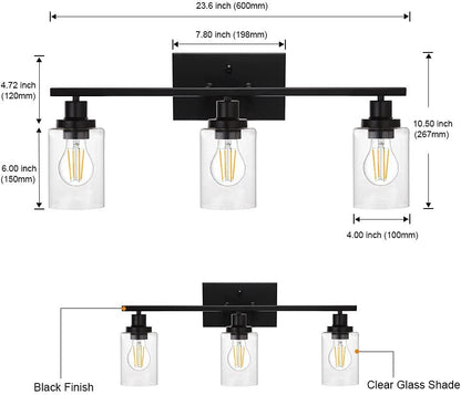 Retro Industrial Style Glass Vanity Light Fixture - 3-Light Cylinder Wall Sconce