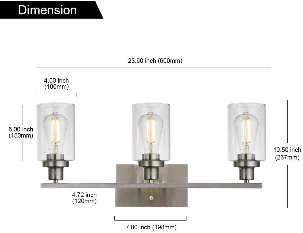 Retro Industrial Style Glass Vanity Light Fixture - 3-Light Cylinder Wall Sconce