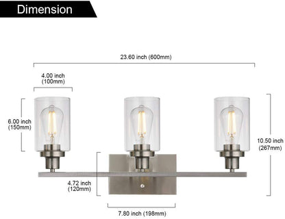 Retro Industrial Style Glass Vanity Light Fixture - 3-Light Cylinder Wall Sconce