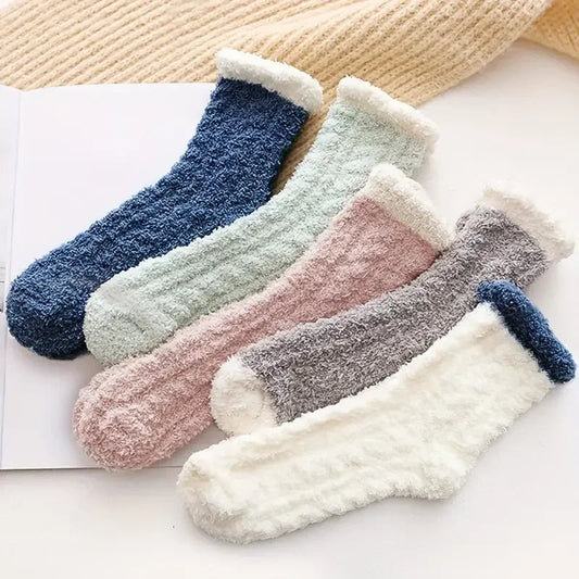 5 Pairs of Women's Winter Cozy Socks | Thick Coral Fleece | Mid-High, Warm & Soft Solid Color House Socks