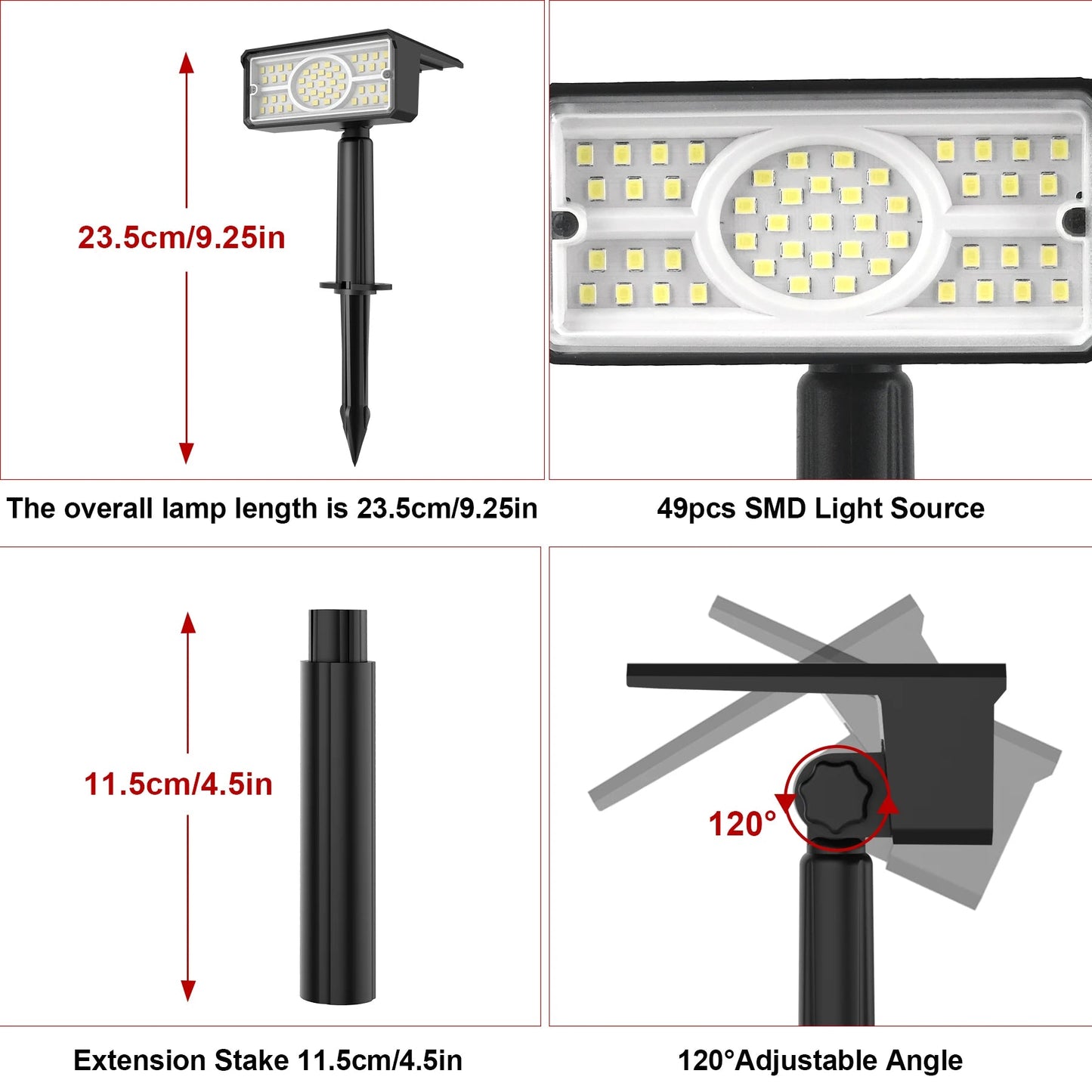 Solar LED Spotlight | 49 LEDs | Waterproof IP65 | 3000K/6000K/Green/Blue Light Options