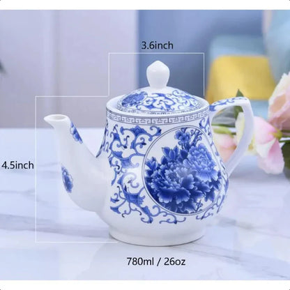 Elegant 26oz Ceramic Teapot in Blue and White for Home or Office