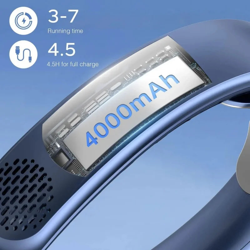 Portable Neck Fan with 4-Speed Turbo Airflow | Rechargeable 4000mAh Battery | Bladeless Design with LED Display