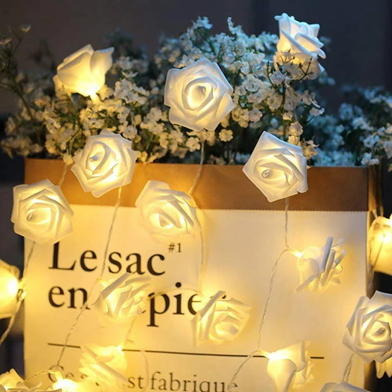 LED Rose Petal String Lights – 10/20 Warm White LEDs – Battery Operated – Romantic Wedding and Home Decor