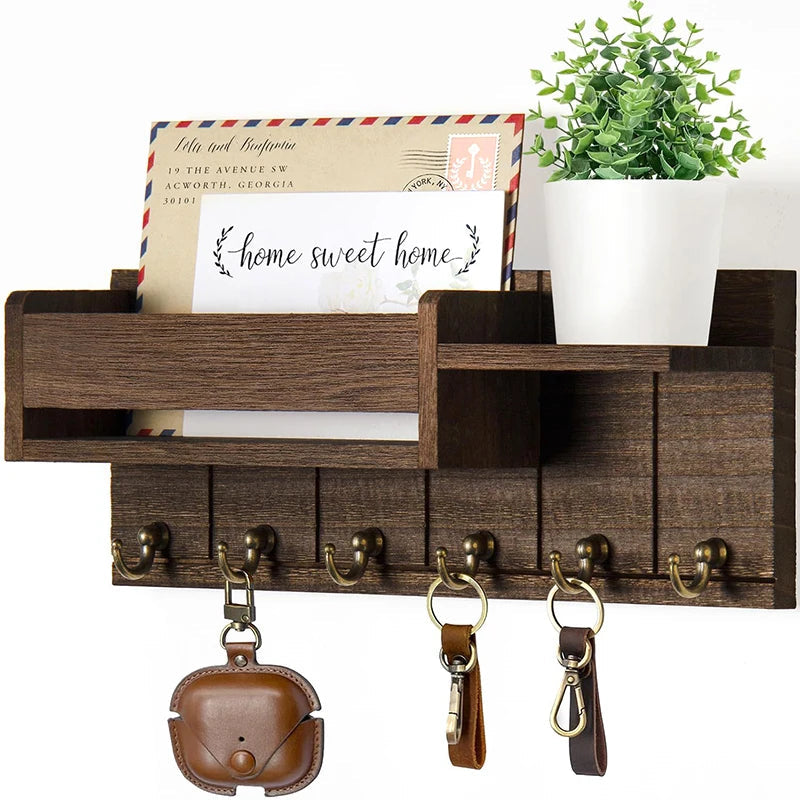 Wooden Key Holder with Shelf | Wall-Mounted Organizer Featuring 6 Hooks