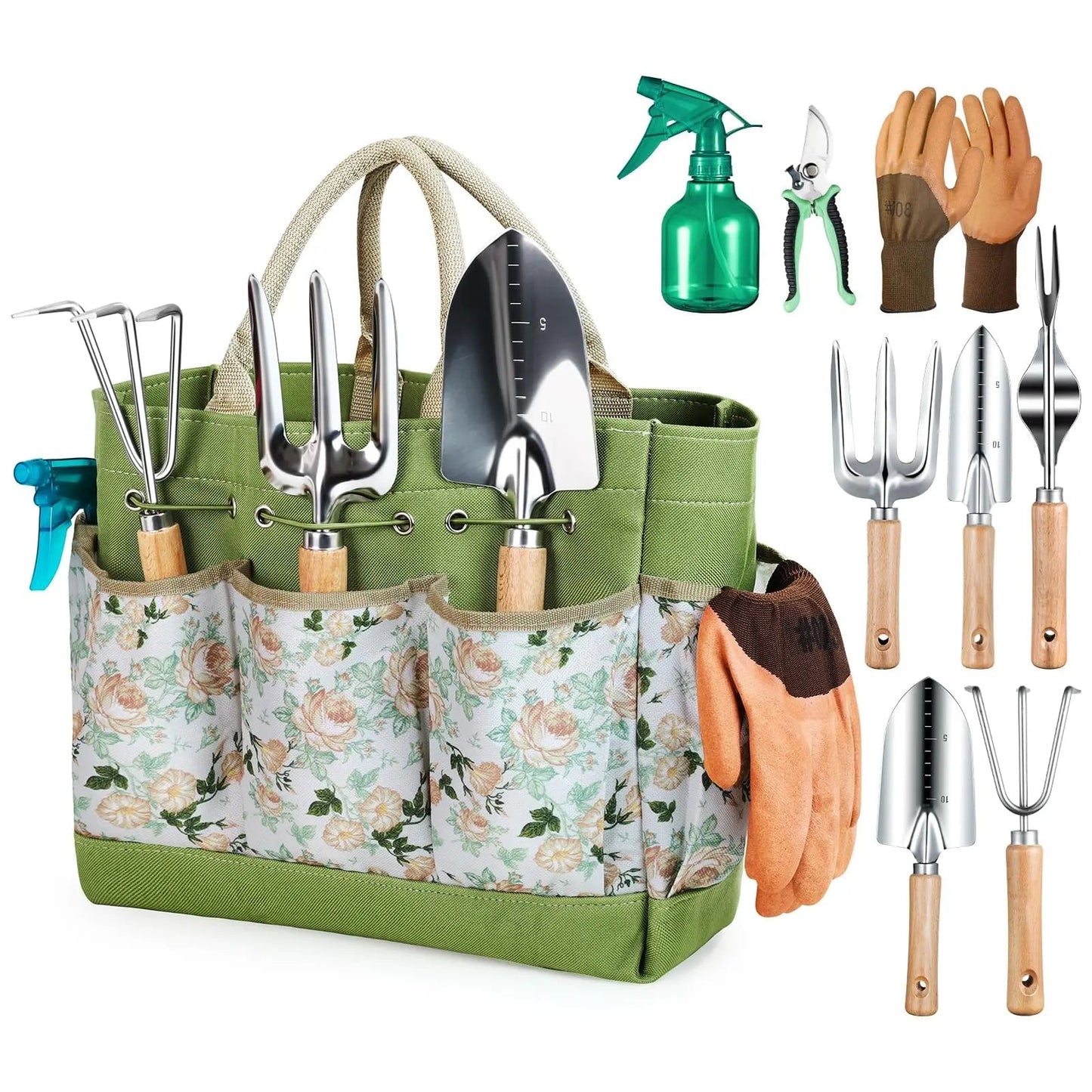 9-Piece Garden Tool Set with Stainless Steel Blades and Wooden Handles, Includes Storage Bag
