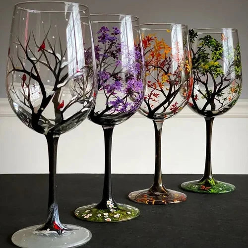 Hand-Painted Art Wine Glasses - Four Seasons Tree Design