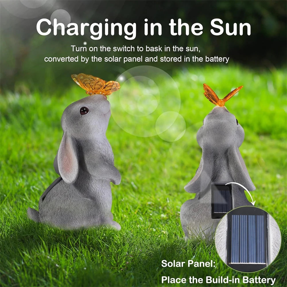 Solar Garden Bunny Statue with LED Butterfly | Waterproof Plastic