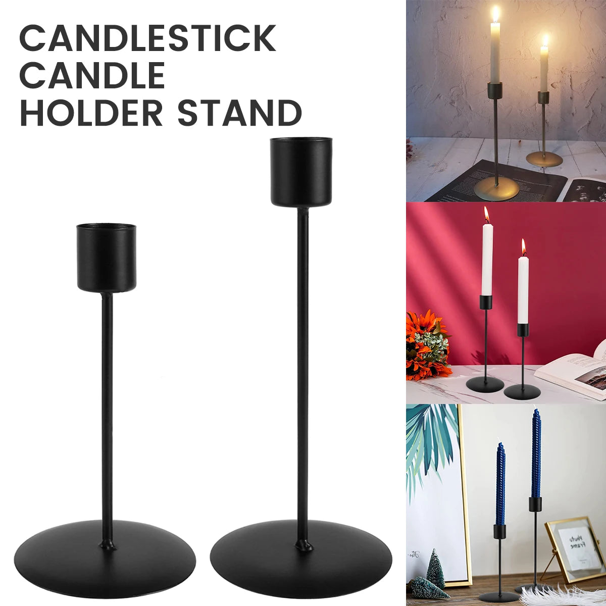 Set of 2 Black Metal Candle Holders | Elegant Table and Wedding Decor