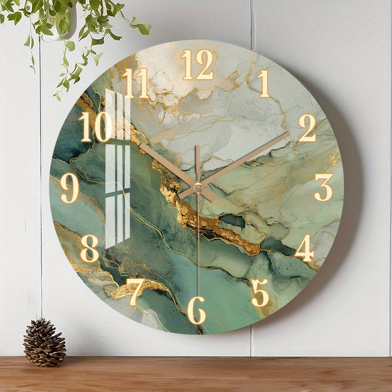 Round Silent Clock with Gold Accents – Abstract Marble and Wood Design