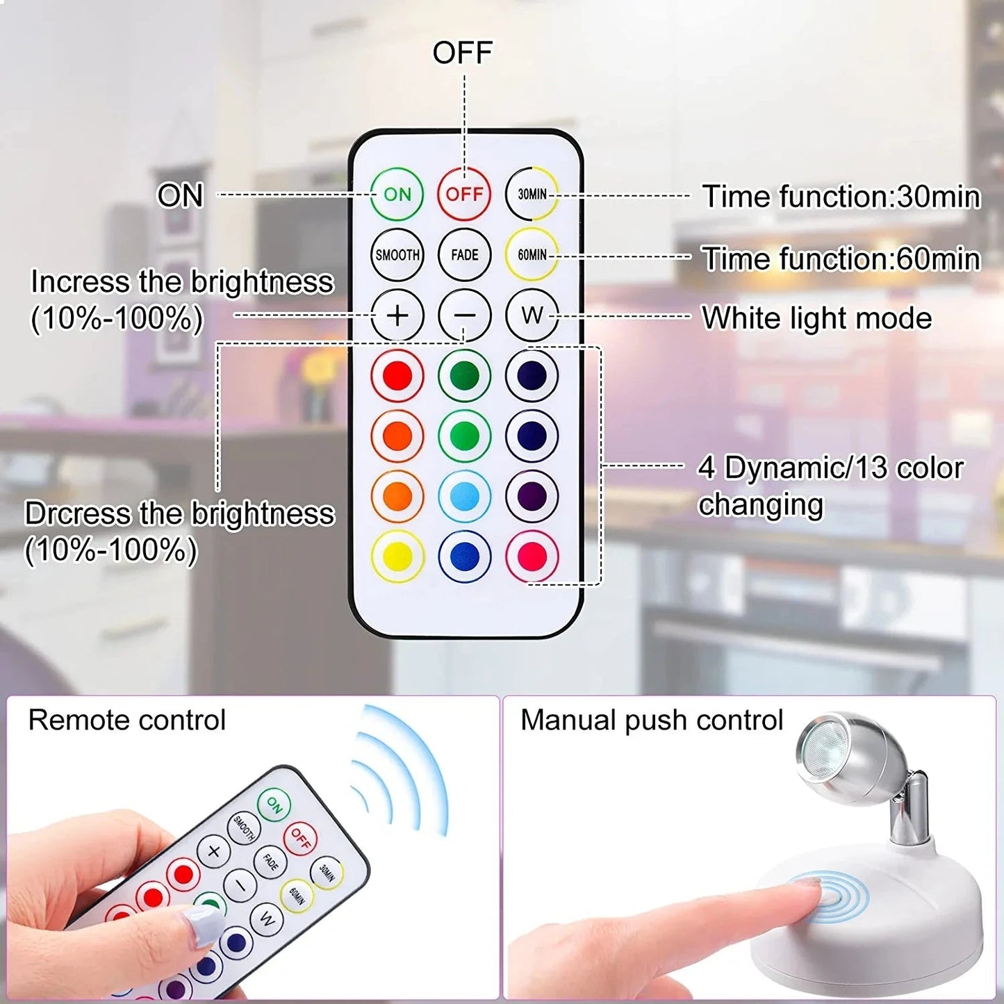 Wireless LED Spotlight Set of 2 with Remote Control – RGB Color Change & Timer, Adjustable for Photos, Cabinets & Walls