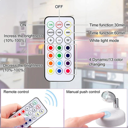 Wireless LED Spotlight Set of 2 with Remote Control – RGB Color Change & Timer, Adjustable for Photos, Cabinets & Walls