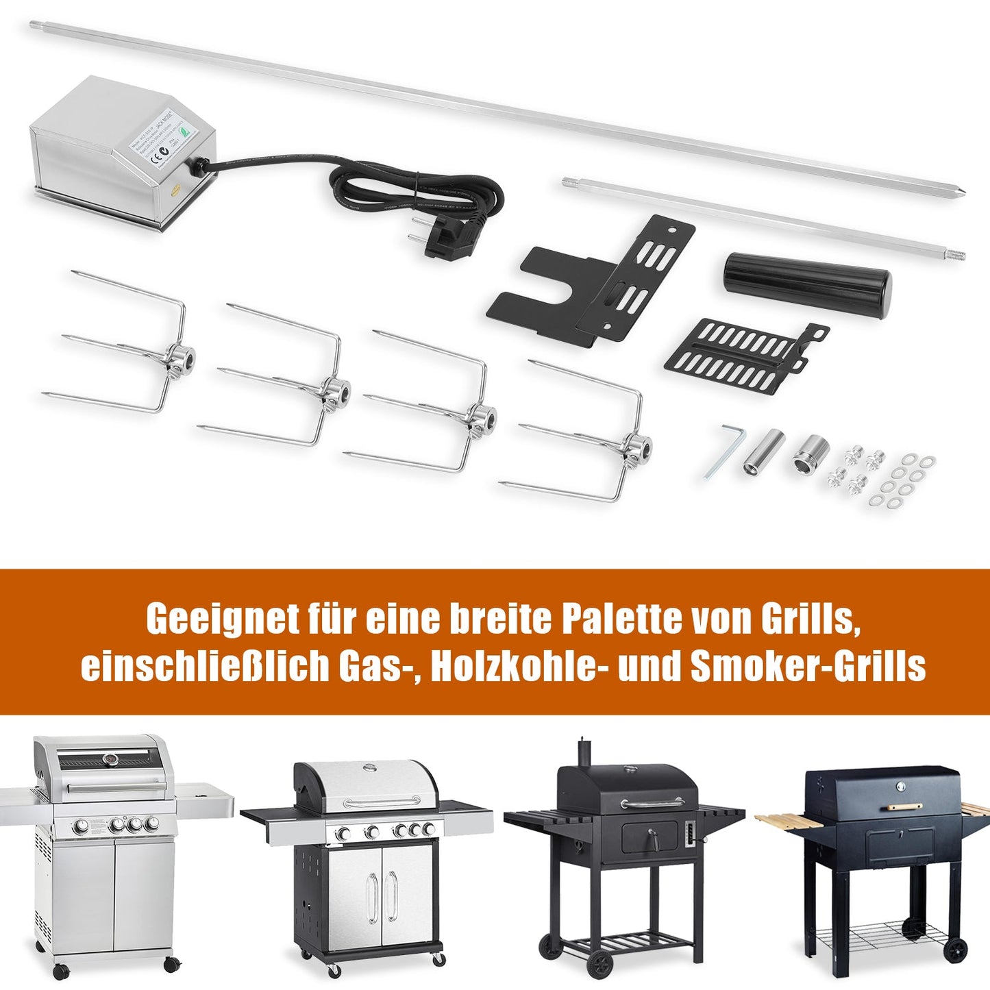 Stainless Steel Skewers for BBQ Grilling - 4 Meat Needles with Motor