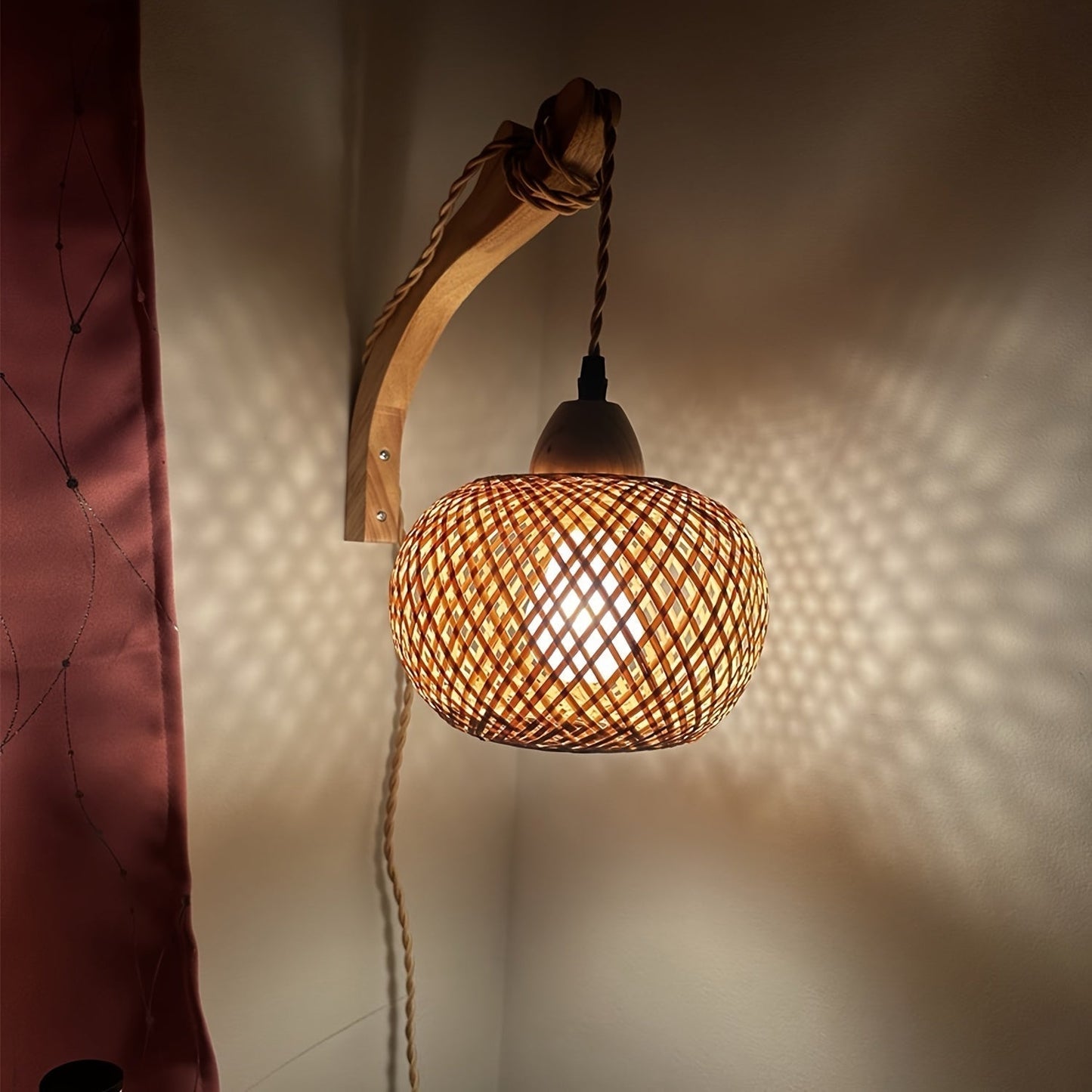 Bamboo Table Lamp with Woven Shade – Vintage Style with Plug and Switch