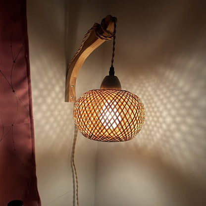 Bamboo Table Lamp with Woven Shade – Vintage Style with Plug and Switch