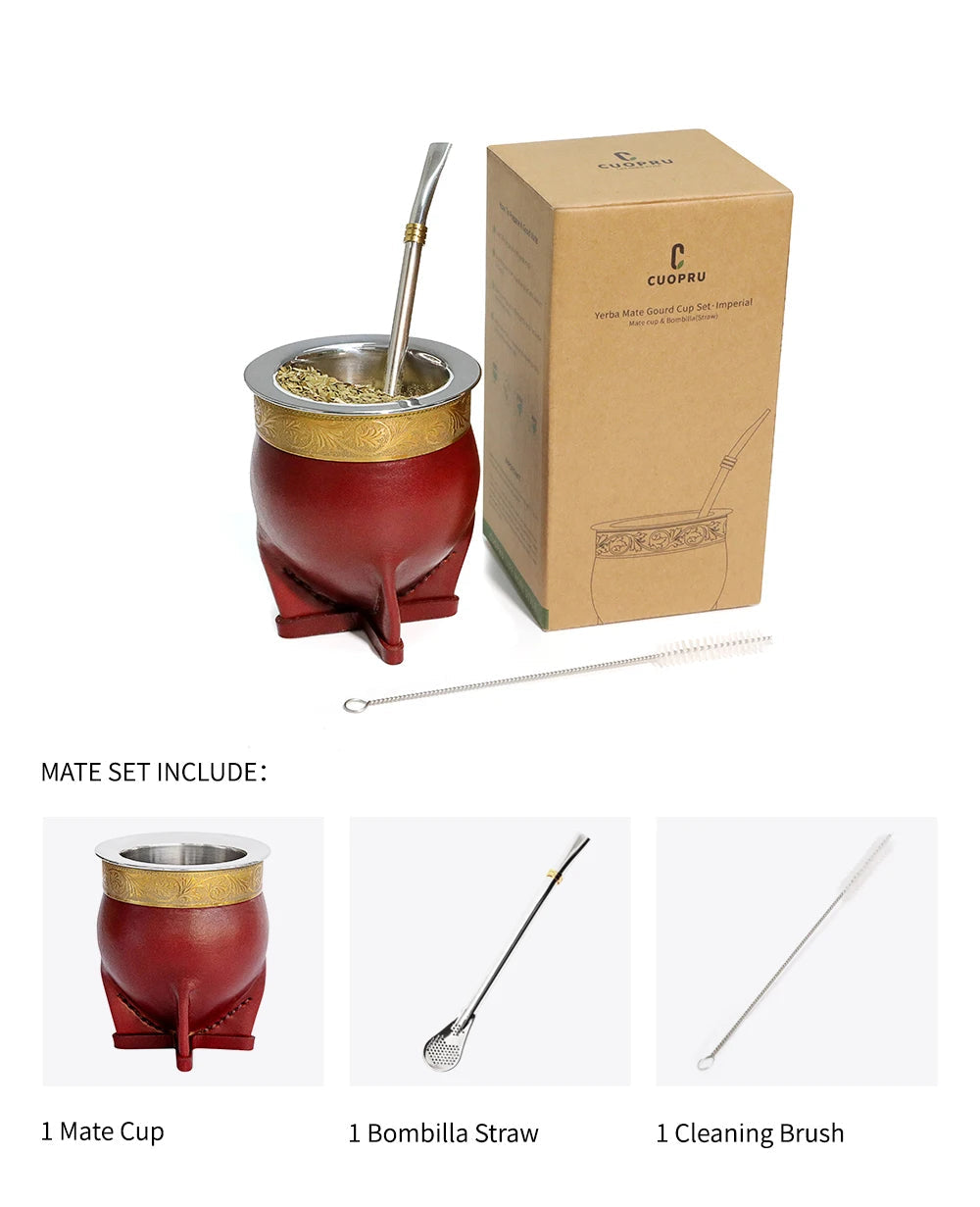 Stainless Steel Yerba Mate Set - Gold Cup, Bombilla Straw, Cleaning Brush