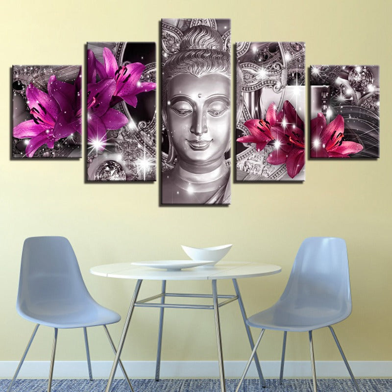 Stunning 5-Piece Canvas Art - Serene Buddha with Floral Touch